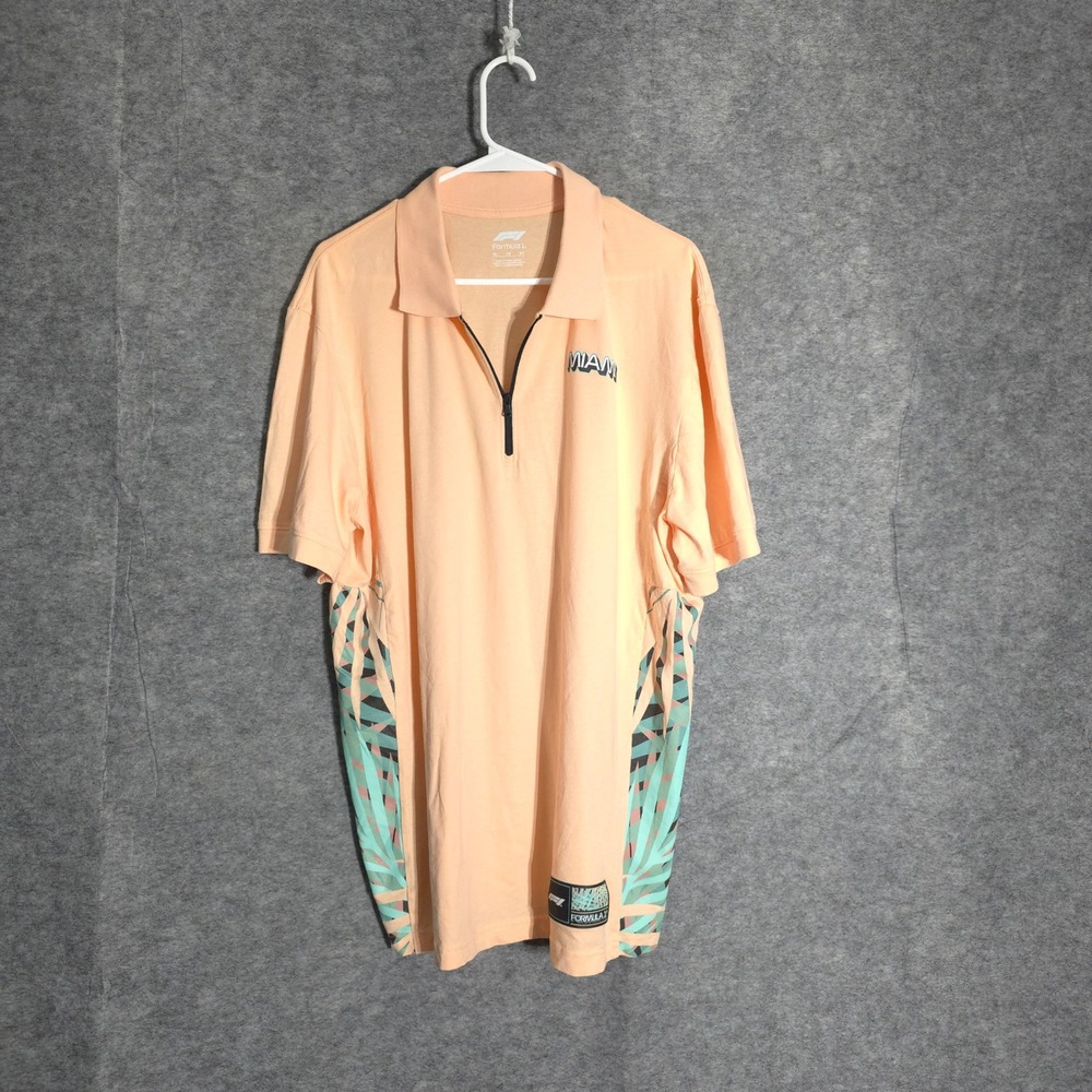 Formula 1 Miami Grand Prix Polo Mens XL Peach 1/4 Zip Tropical Palm Cotton Shirt